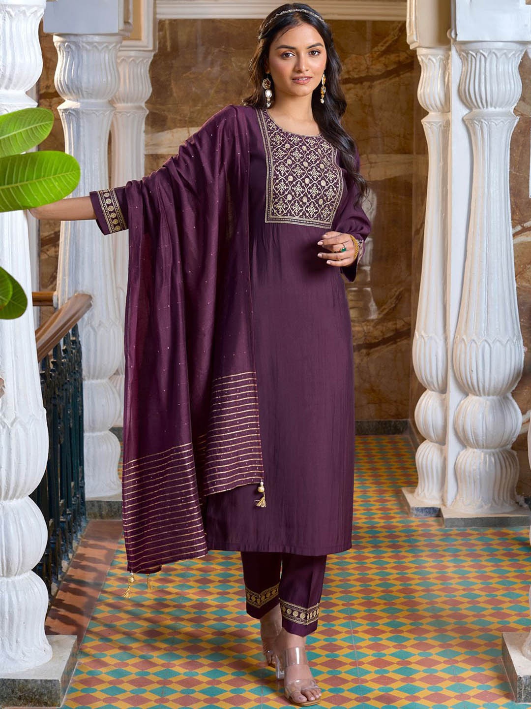 

WOMEN PLUS Women Yoke Design Regular Thread Work Kurta with Trousers & With Dupatta, Purple