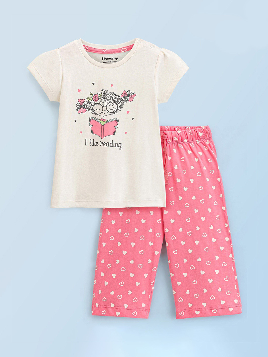 

Honeyhap Girls Graphic Printed Pure Cotton Night Suit, Off white