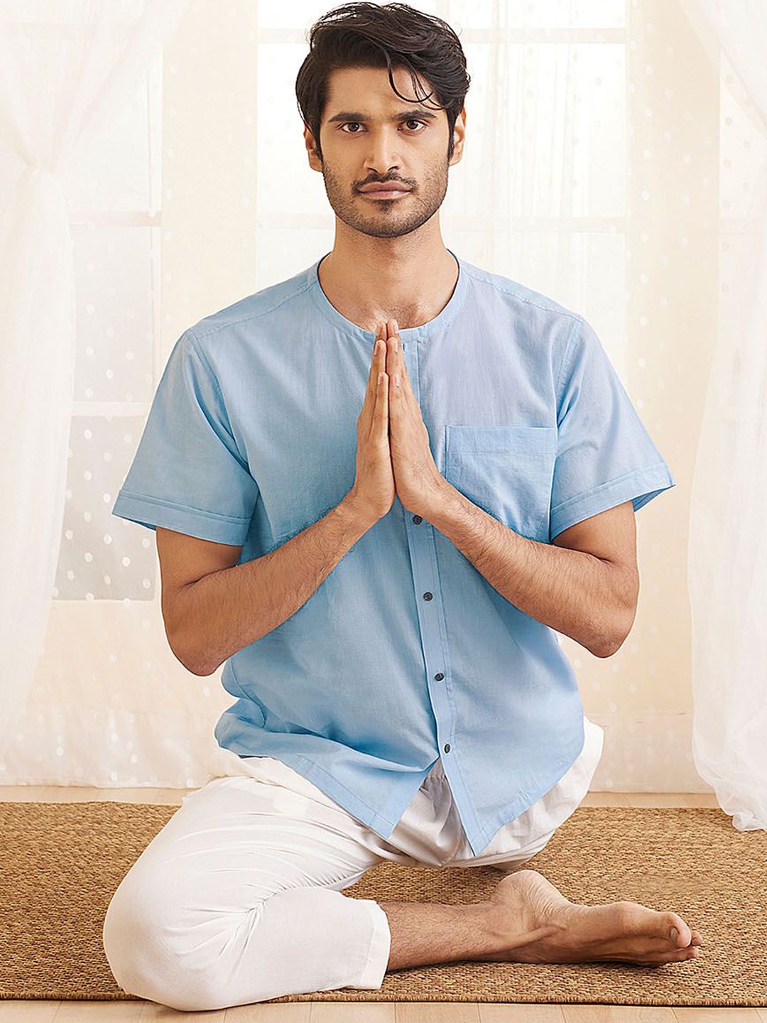 

VASTRAMAY Round Neck Short Sleeves Pure Cotton Straight Short Kurta, Blue