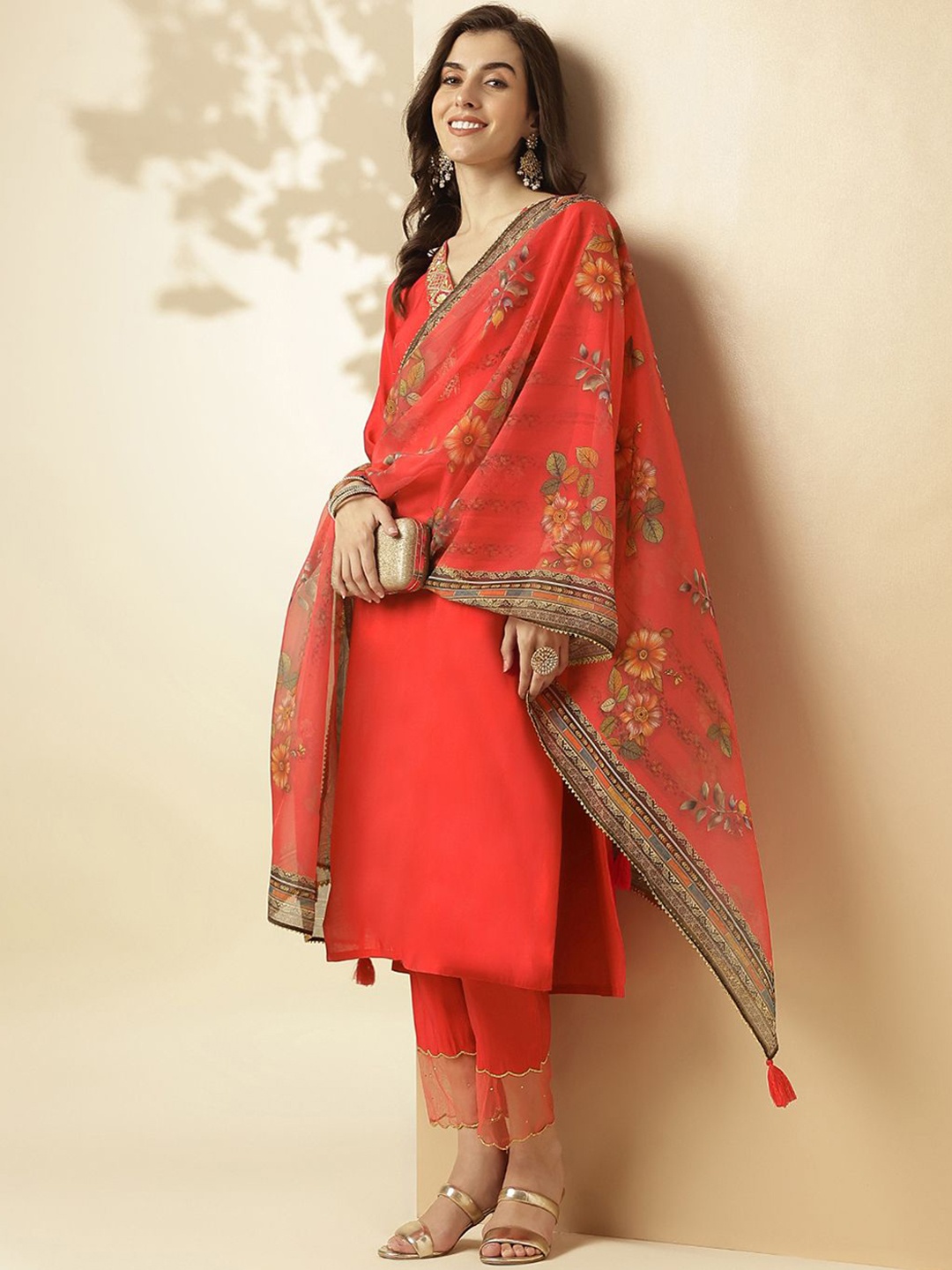 

SANSKAR Women Floral Yoke Design Regular Mukaish Kurta with Palazzos & With Dupatta, Red