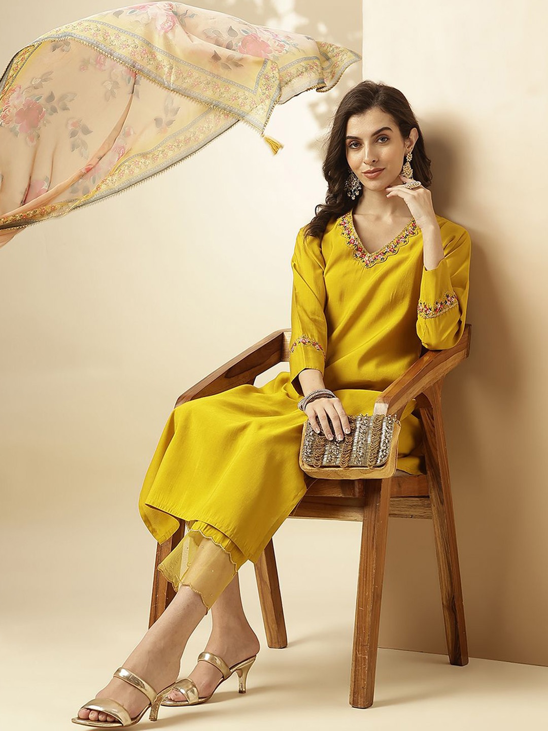 

SANSKAR V Neck Floral Embroidered Regular Thread Work Straight Kurta Set, Yellow