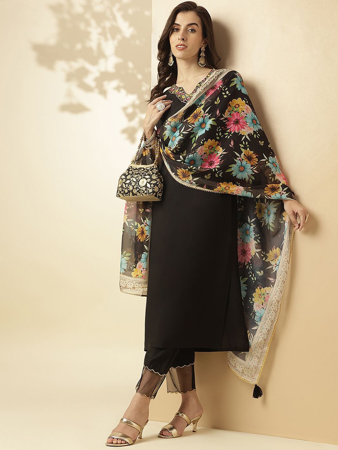 

SANSKAR Women Regular Mukaish Kurta with Palazzos & Dupatta, Black