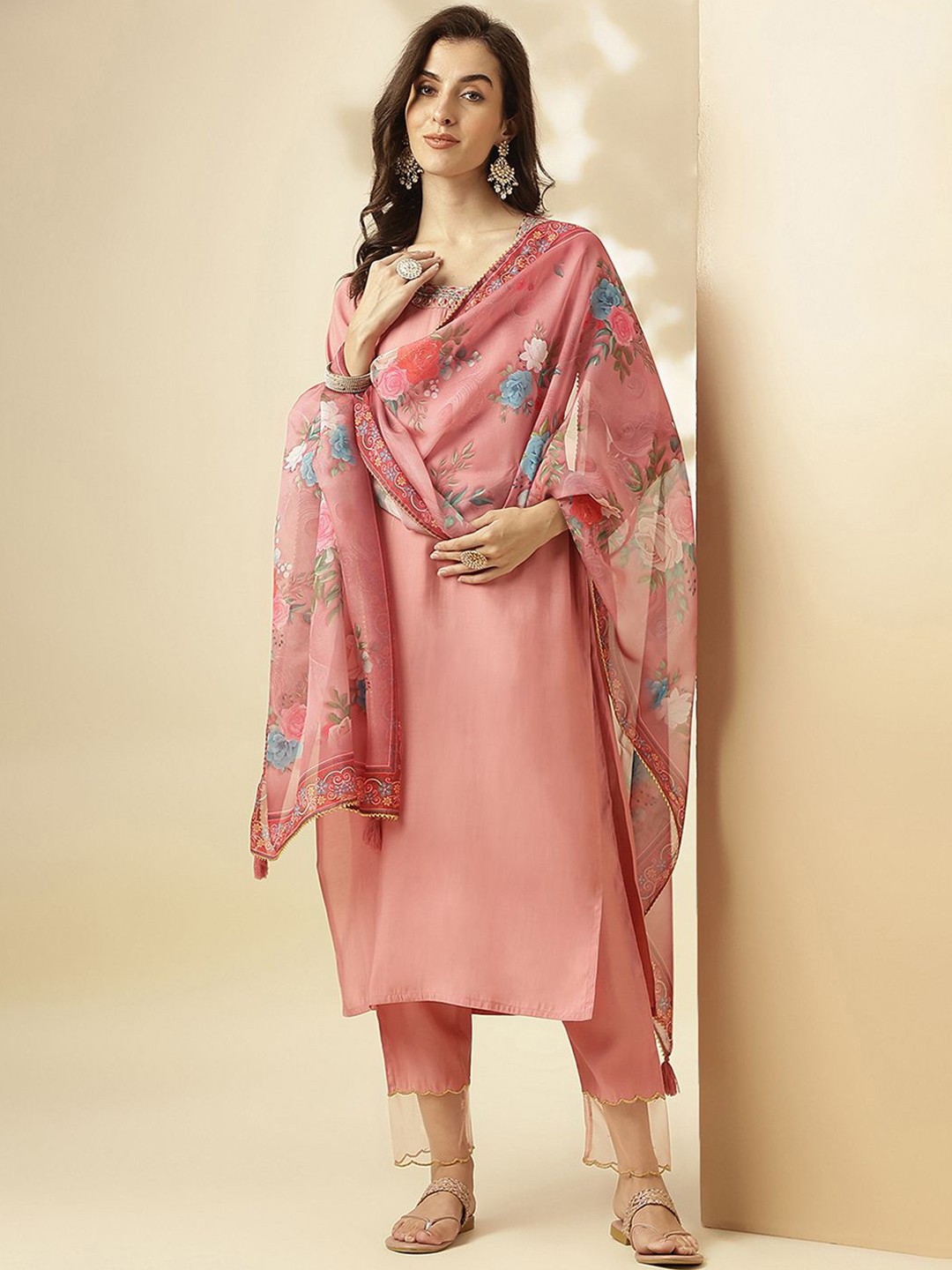 

SANSKAR Floral Yoke Design Regular Thread Work Kurta with Trousers & Dupatta, Peach