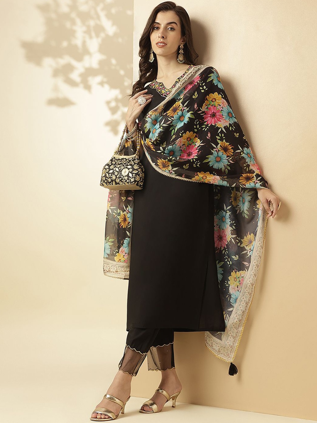 

SANSKAR Embroidered Thread Work Straight Kurta With Trousers & Dupatta, Black