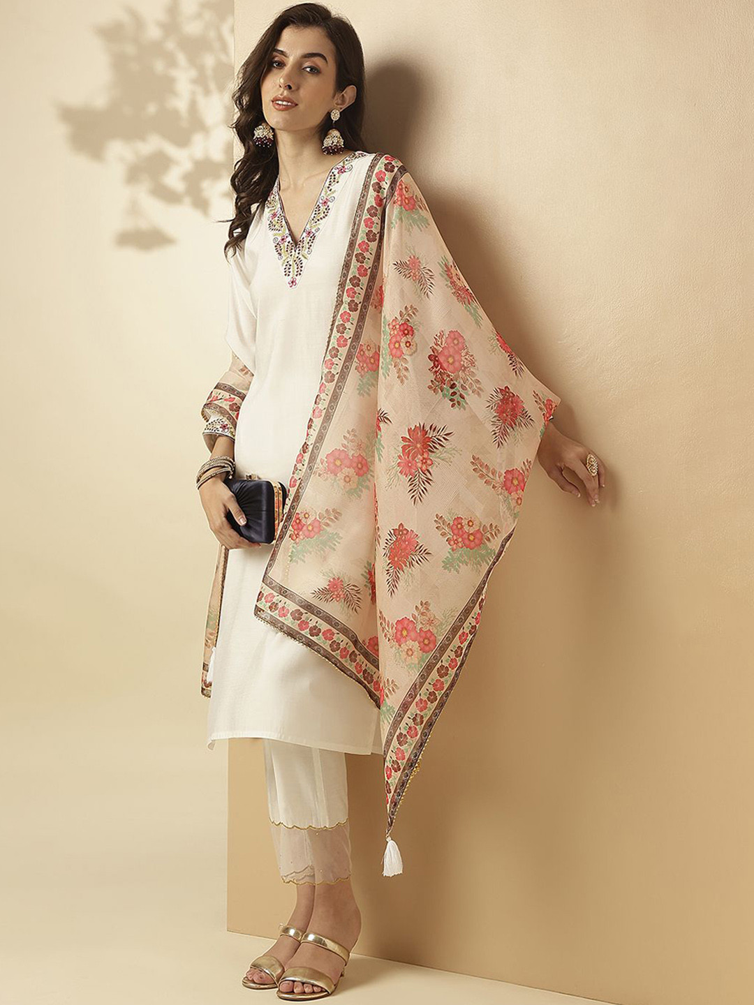 

SANSKAR V Neck Embroidered Regular Mukaish Straight Kurta with Palazzos & With Dupatta, White