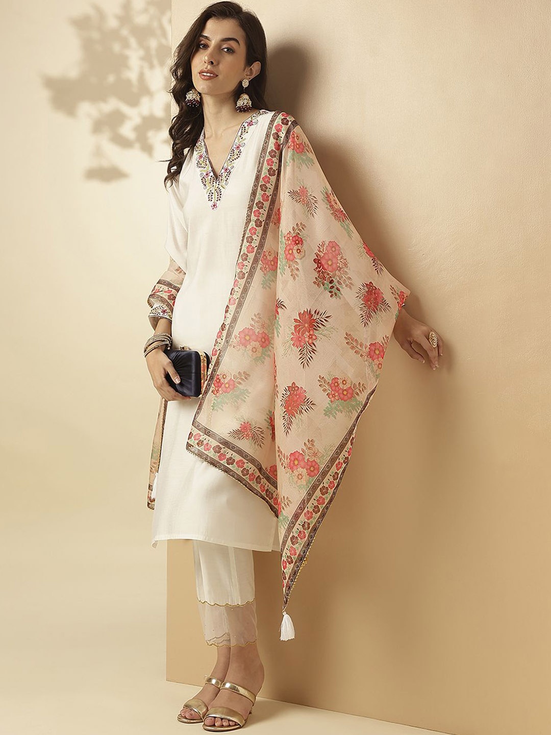 

SANSKAR Women Floral Embroidered Regular Mukaish Kurta with Palazzos & Dupatta, White