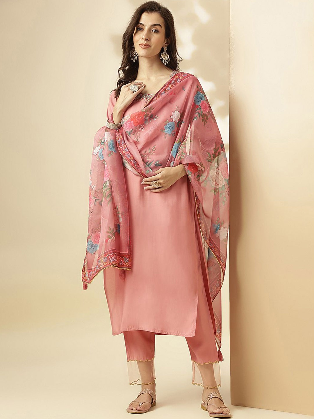 

SANSKAR Embroidered Thread Work Straight Kurta With Trousers & Dupatta, Peach