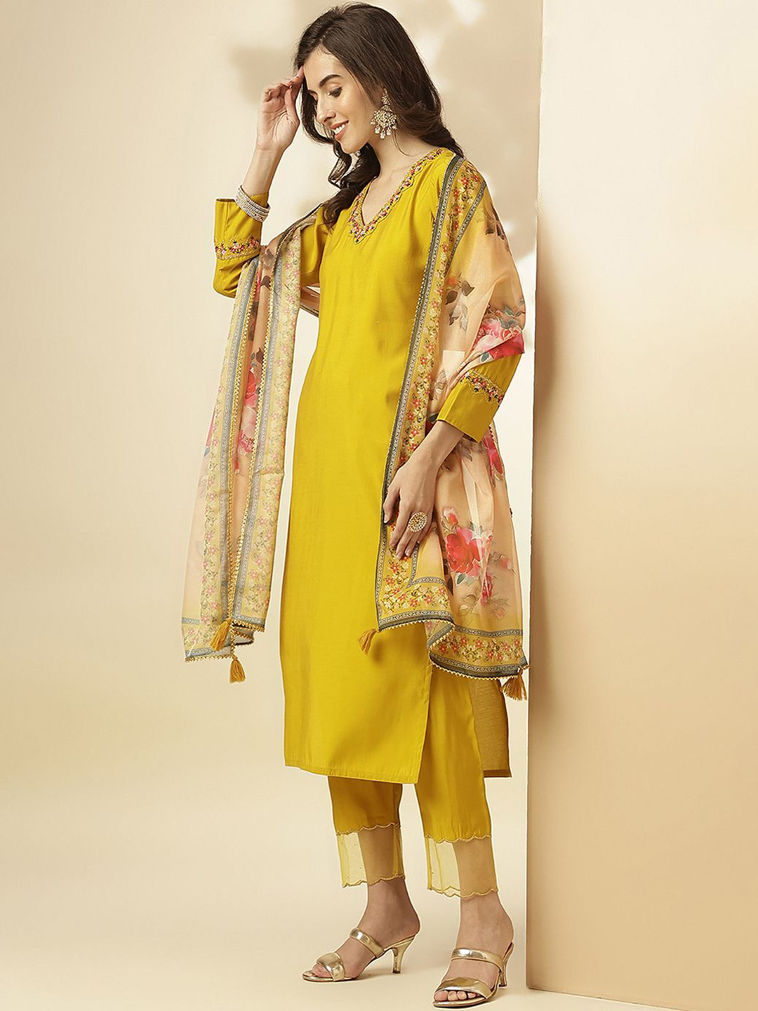 

SANSKAR Women Floral Embroidered Regular Mukaish Kurta with Palazzos & Dupatta, Yellow