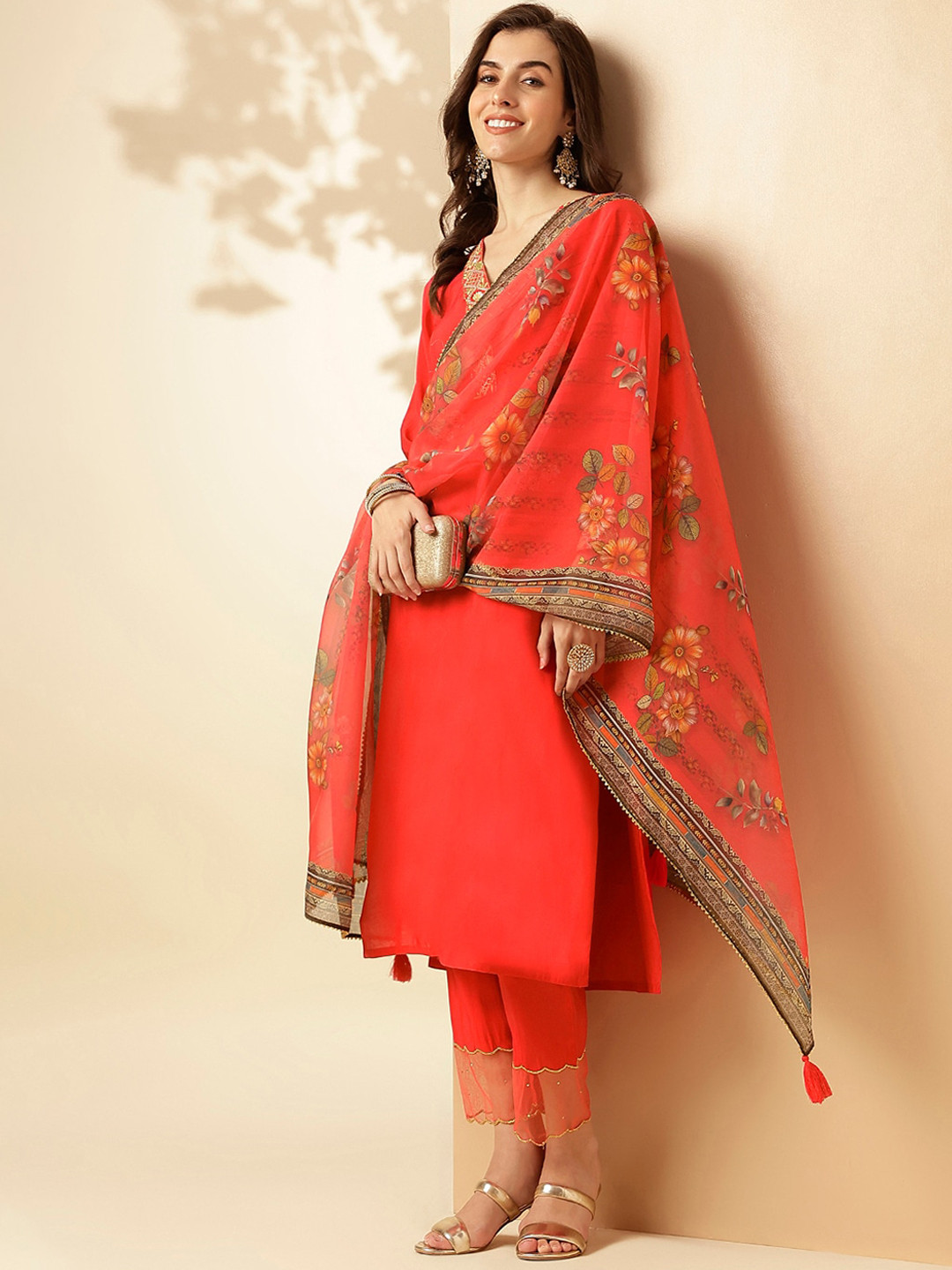

SANSKAR Women Embroidered Regular Mukaish Kurta with Palazzos & Dupatta, Red