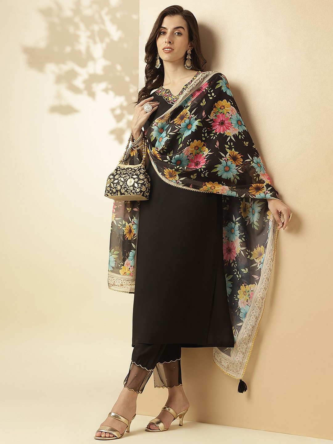 

SANSKAR Embroidered Thread Work Straight Kurta With Trousers & Dupatta, Black