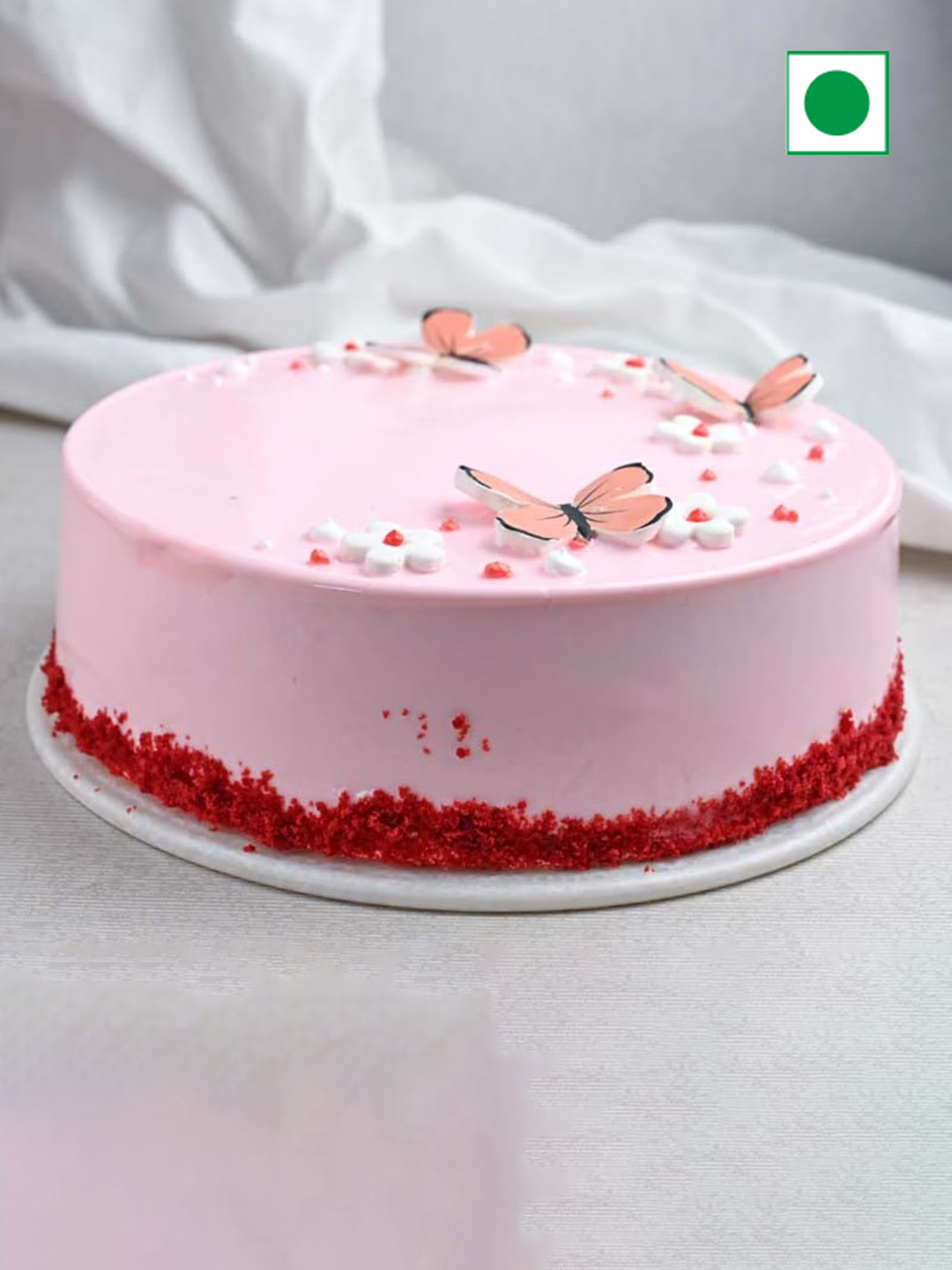 

Floweraura Round Shape Red Velvet Flavor Eggless Round Cake- 500g, Pink