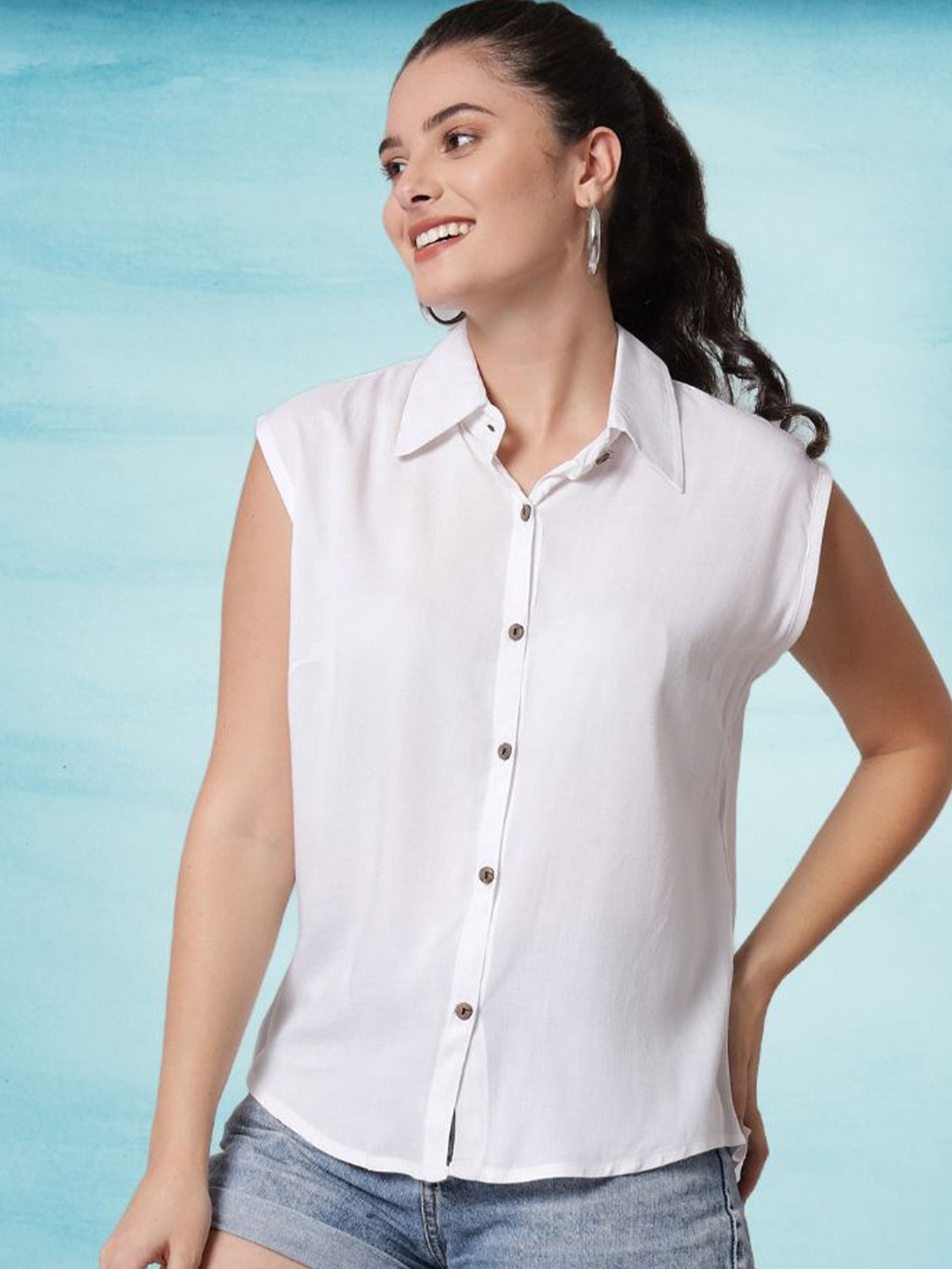 

Funday Fashion Women Solid Spread Collar Sleeveless Casual Shirt, White