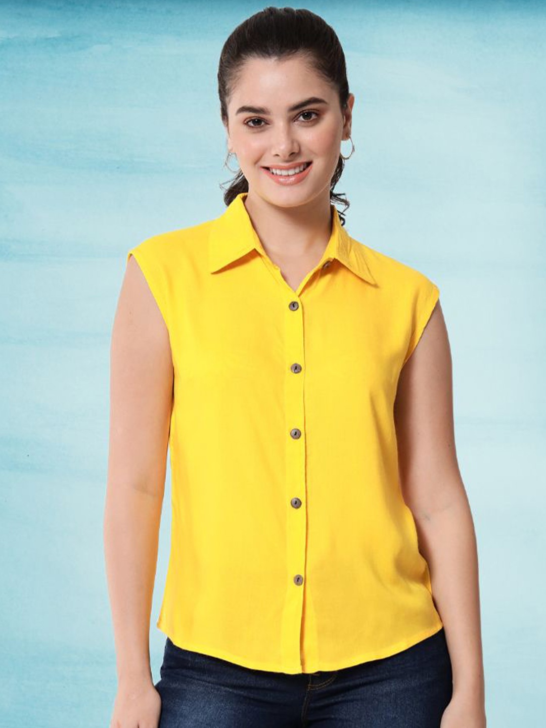 

Funday Fashion Women Opaque Solid Spread Collar Sleeveless Casual Shirt, Yellow
