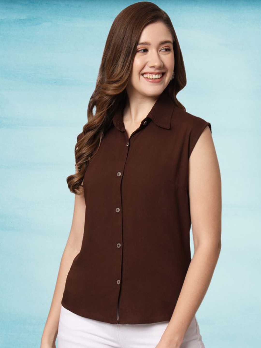 

Funday Fashion Women Solid Spread Collar Sleeveless Casual Shirt, Brown