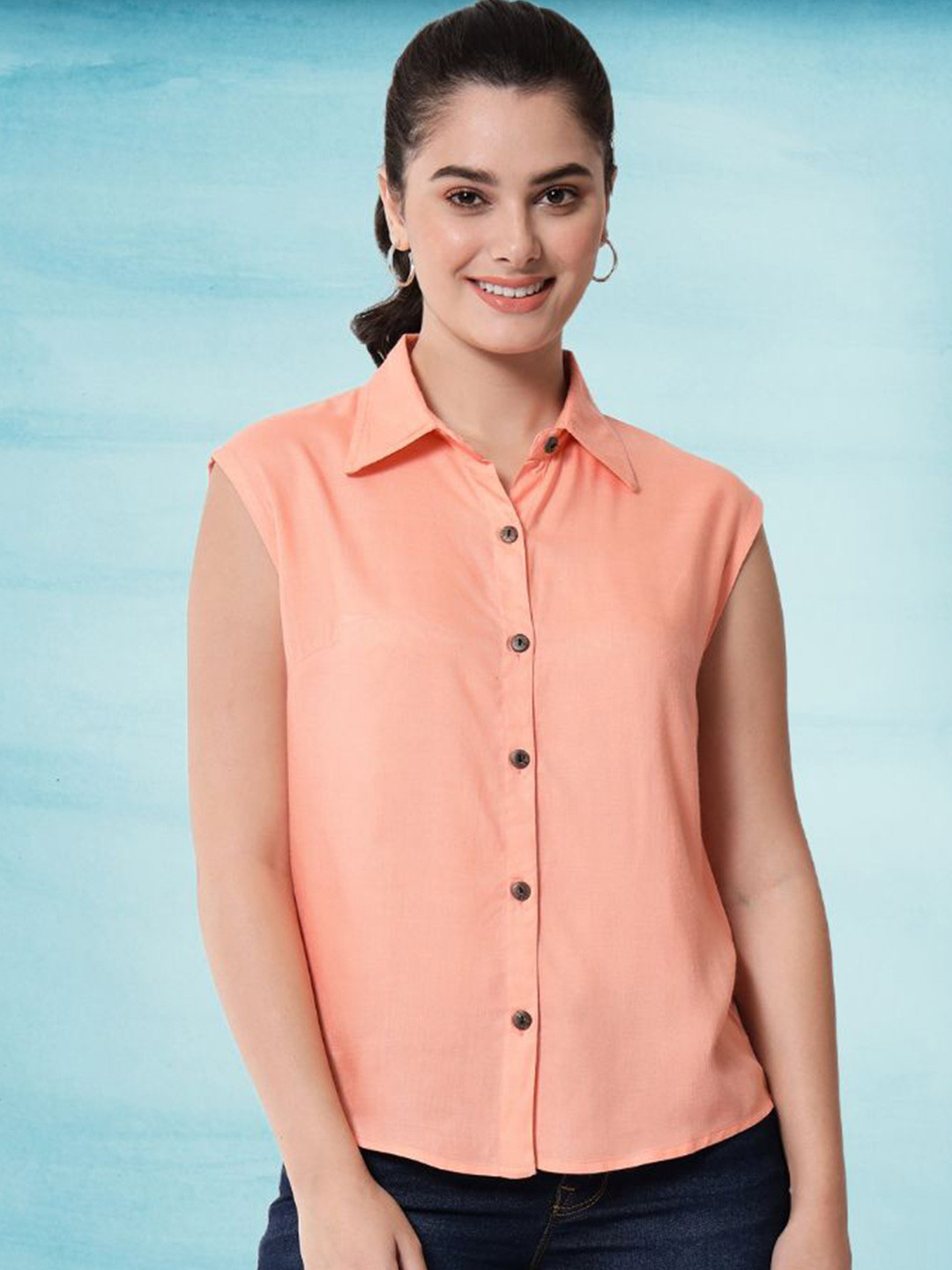 

Funday Fashion Women Solid Spread Collar Sleeveless Casual Shirt, Peach