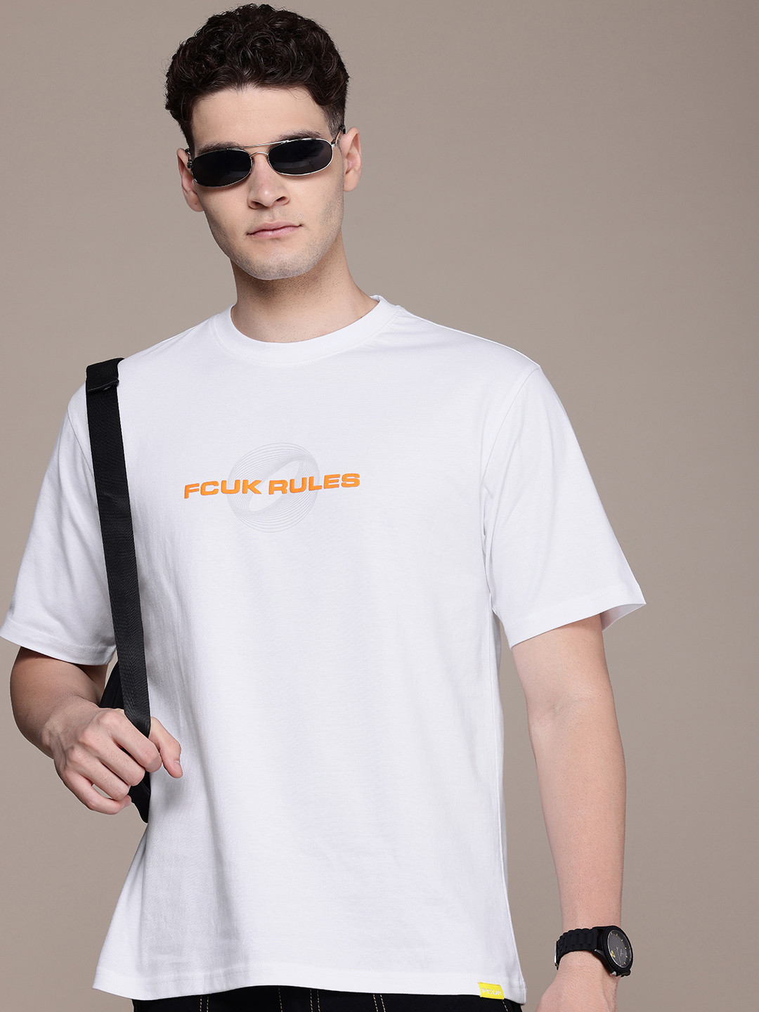 

FCUK Men Typography Printed Bio Finish Oversized Pure Cotton T-shirt, White