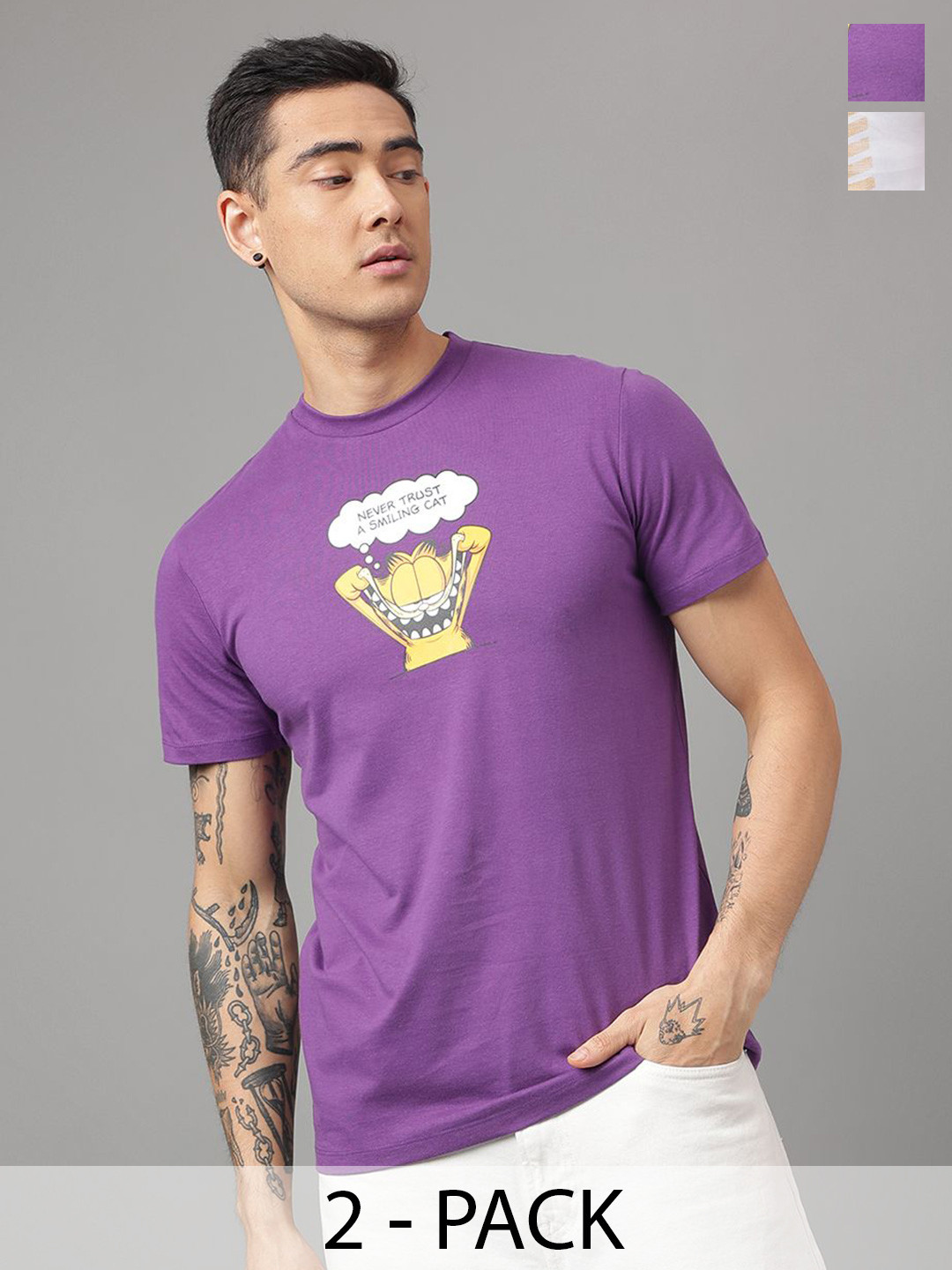 

Free Authority Men Pack Of 2 Graphic Garfield Printed Relaxed Fit Pure Cotton T-Shirt, Yellow