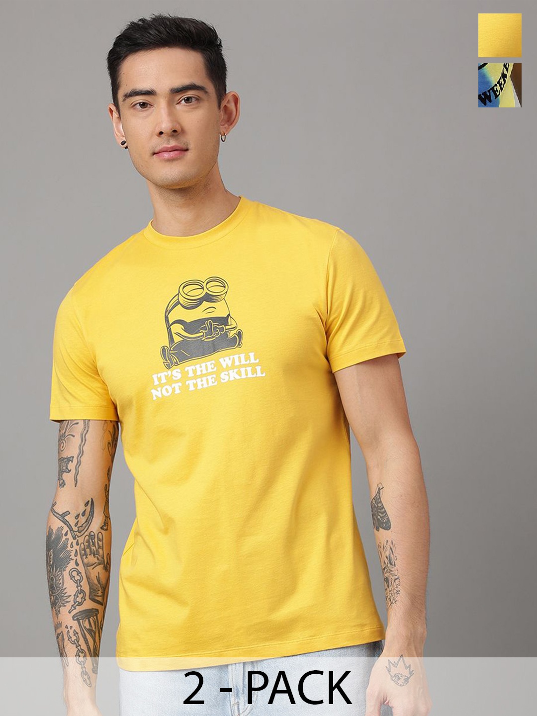 

Free Authority Men Pack Of 2 Minions Printed Relaxed Fit Pure Cotton T-Shirt, Yellow