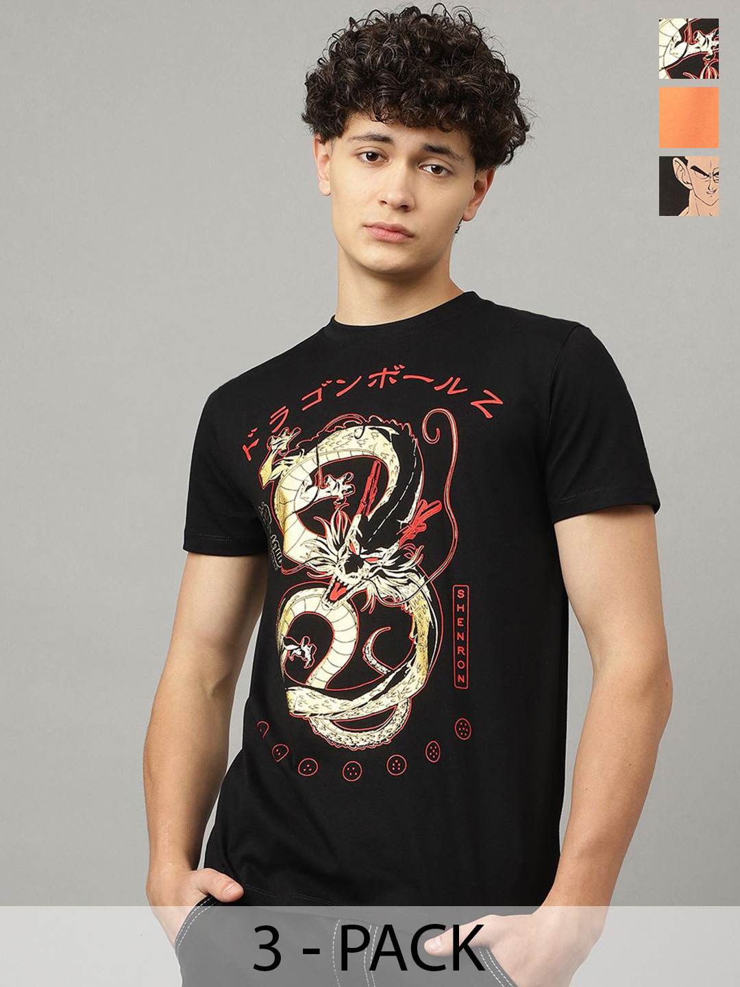

Free Authority Men Pack Of 3 Graphic Dragon Ball Z Printed Relaxed-Fit Pure-Cotton T-Shirt, Orange