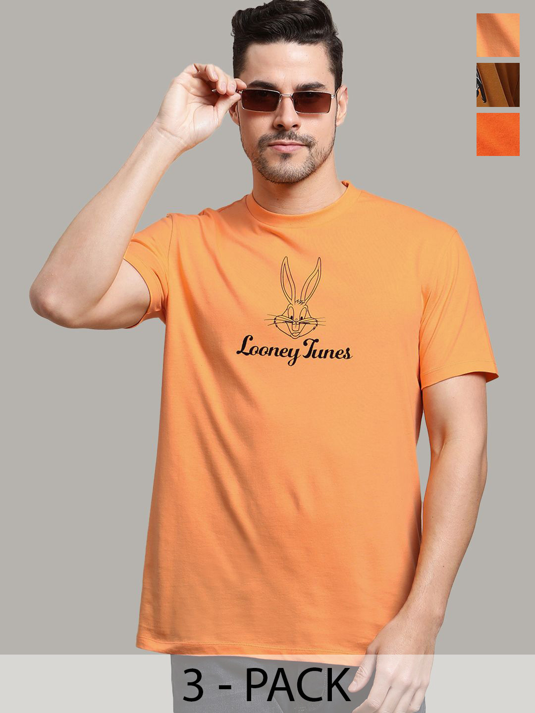 

Free Authority Men Pack Of 3 Graphic Looney Tunes Printed Relaxed-Fit Pure-Cotton T-Shirt, Orange