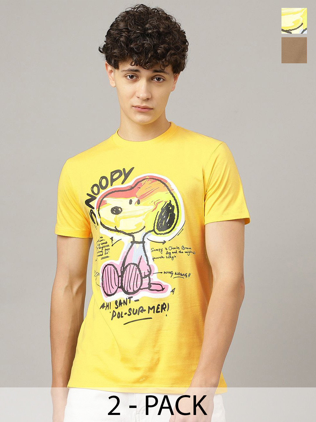 

Free Authority Men Pack Of 2 Graphic Peanuts Printed Relaxed-Fit Pure-Cotton T-shirt, Yellow
