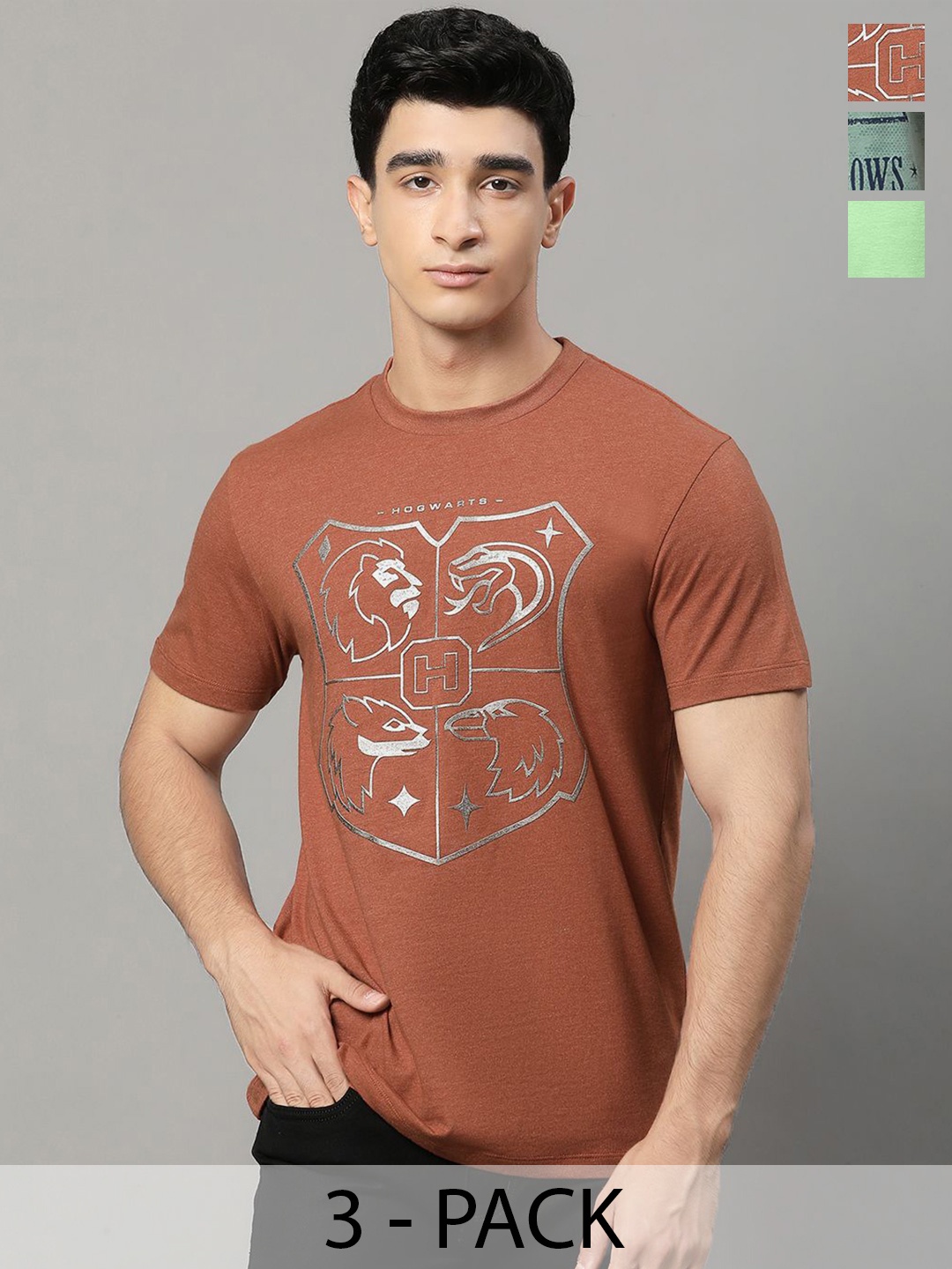 

Free Authority Pack Of 3 Harry Potter Printed Relaxed-Fit Pure-Cotton T-Shirt, Brown