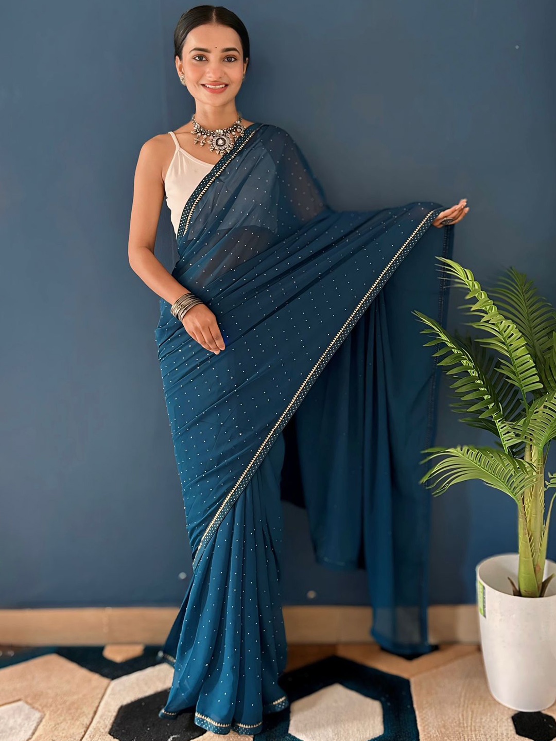 

Vastrasky Global Embellished Saree With Blouse Piece, Blue