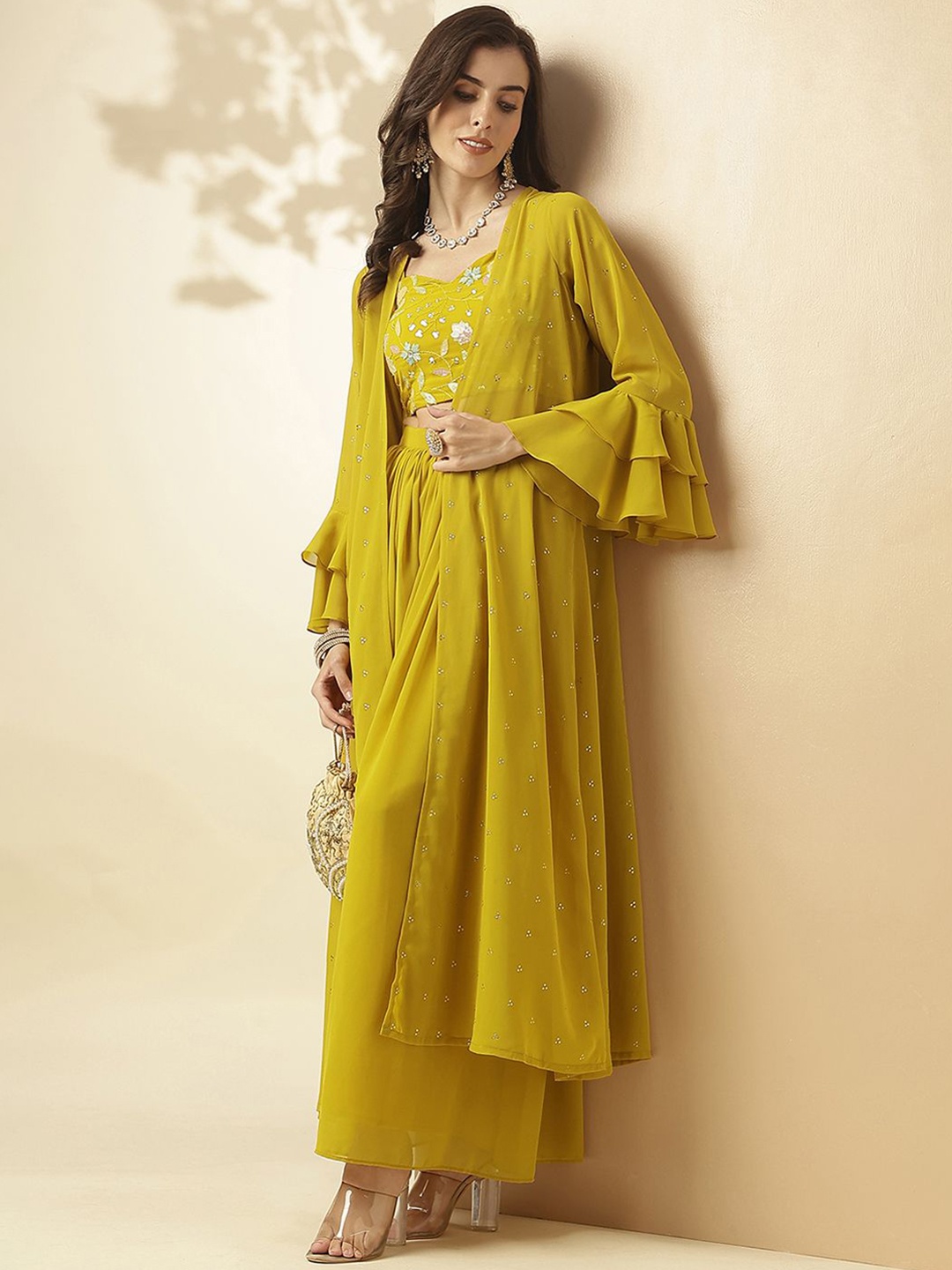 

SANSKAR Embroidered Jacket With Top & Palazzos Co-Ords Set, Yellow