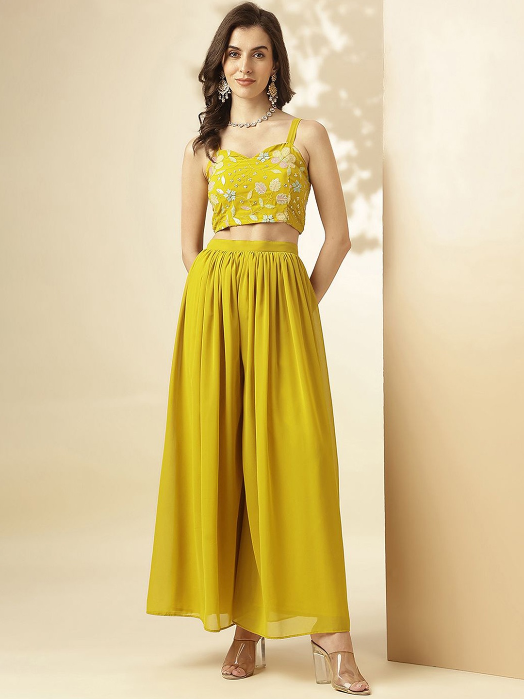 

SANSKAR Embroidered Jacket With Crop Top & Palazzos Co-Ords Set, Yellow