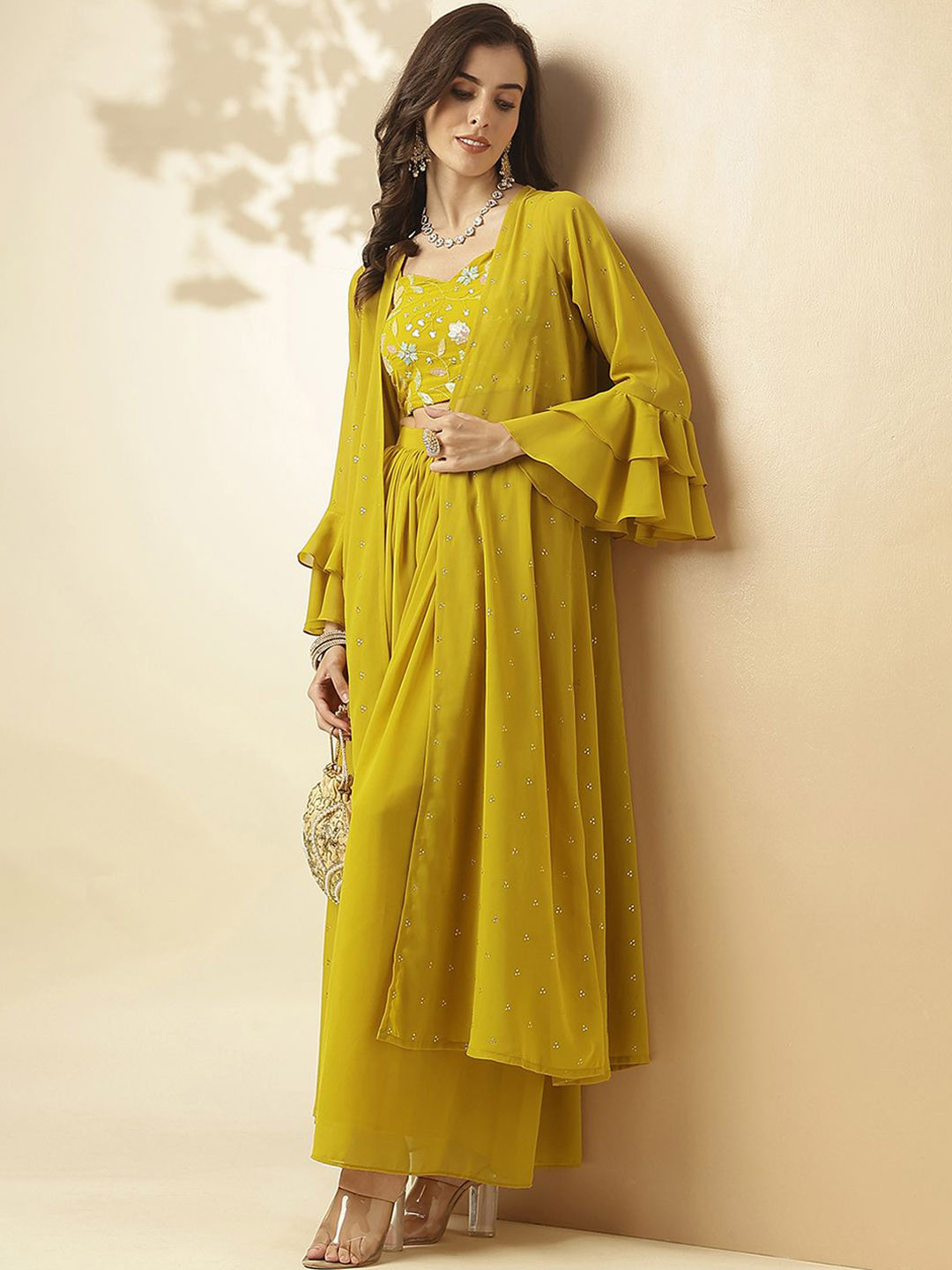 

SANSKAR Floral Embellished Shoulder Straps Crop Top With Palazzos & Shrug, Yellow