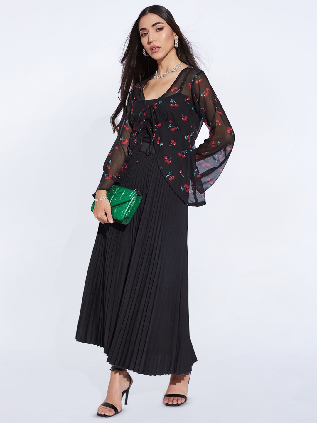 

DEPANO Floral Printed V-Neck Maxi Top, Black