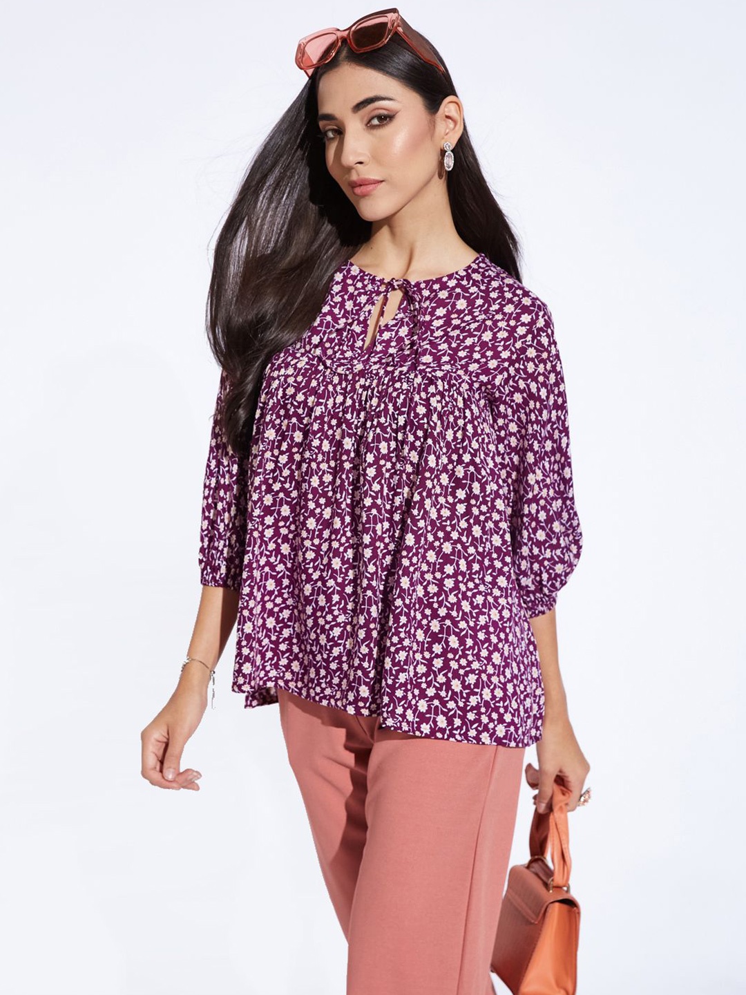 

DEPANO Floral Print Tie-Up Neck Top, Purple