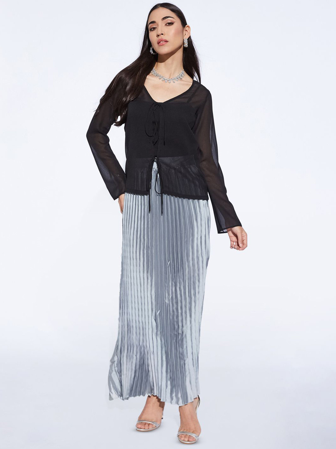 

DEPANO Solid V-Neck Sheer Top, Black