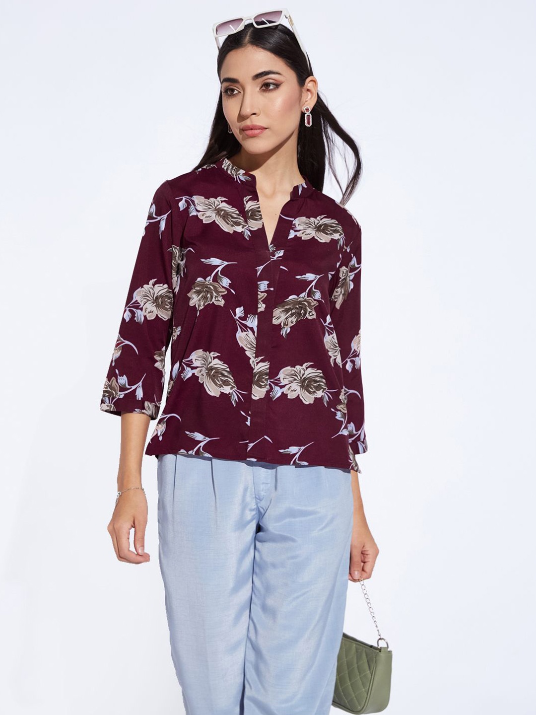 

DEPANO Floral Print Mandarin Collar Crepe Shirt Style Top, Maroon