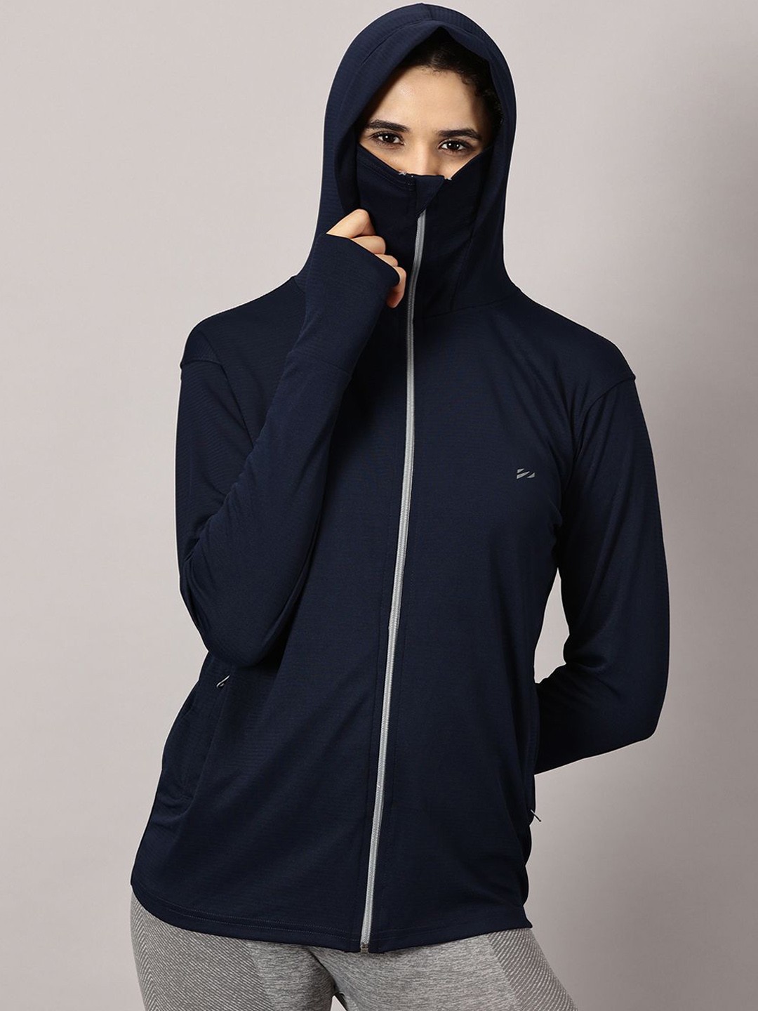 

BLUE TYGA Women Hooded Solid Antimicrobial Sunscreen UPF 50+ Jacket 2.O, Navy blue