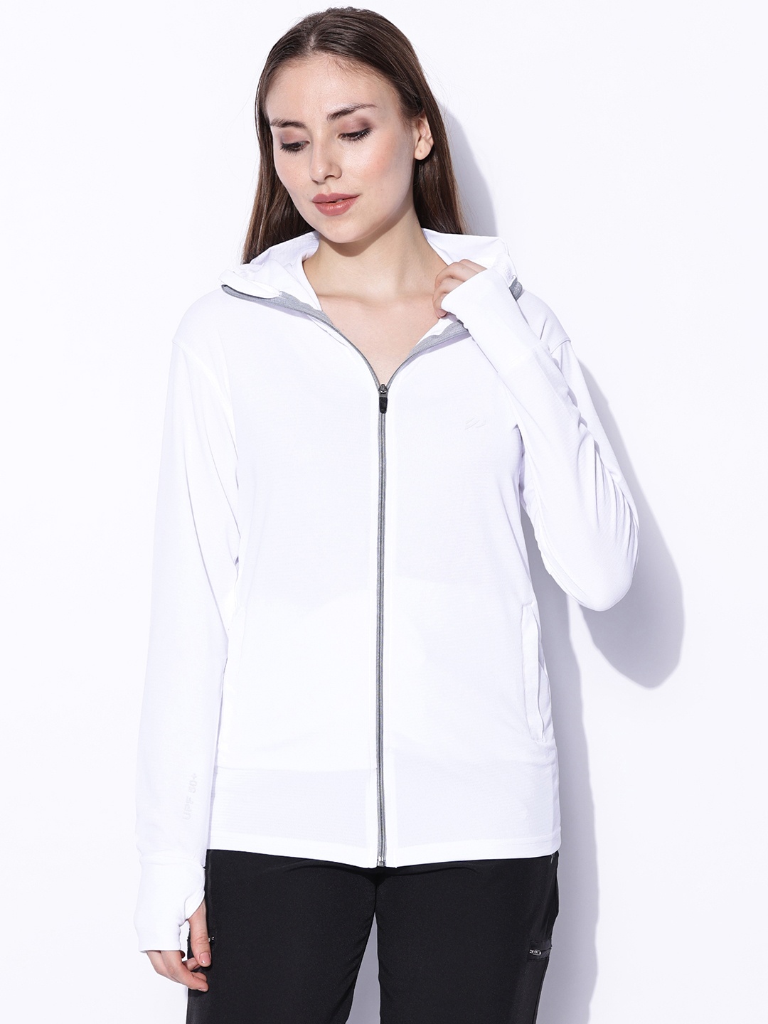 

BLUE TYGA Women Hooded Solid Antimicrobial Sunscreen UPF 50+ Jacket 2.O, White