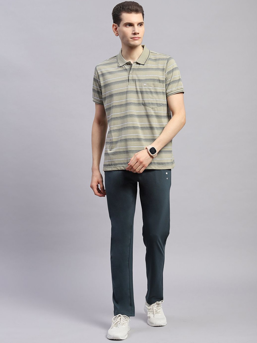 

Monte Carlo Striped Polo Collar Short Sleeves Casual T-shirt With Trousers, Green
