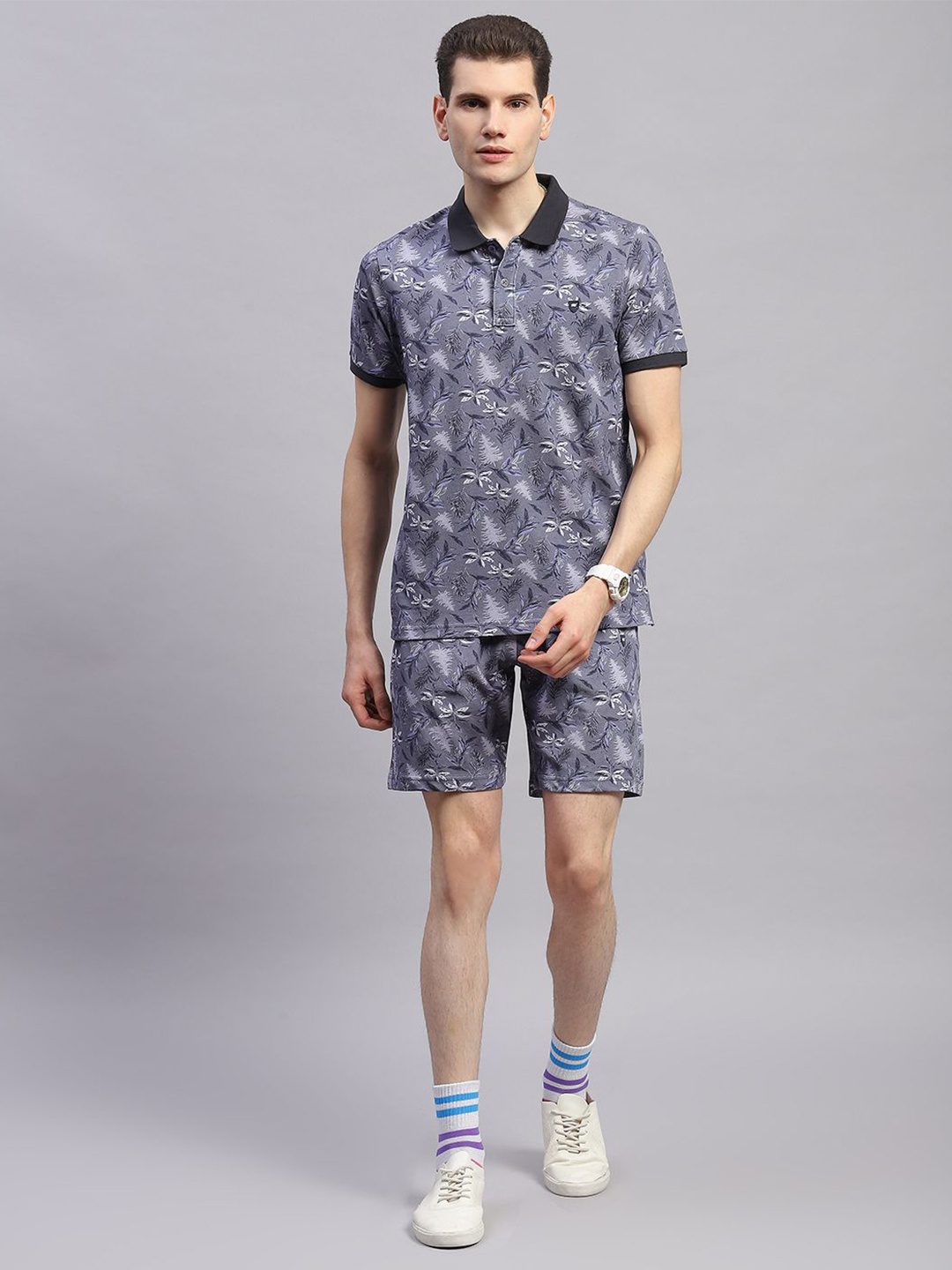

Monte Carlo Printed Polo Collar T-shirt With Shorts Co-Ords, Navy blue