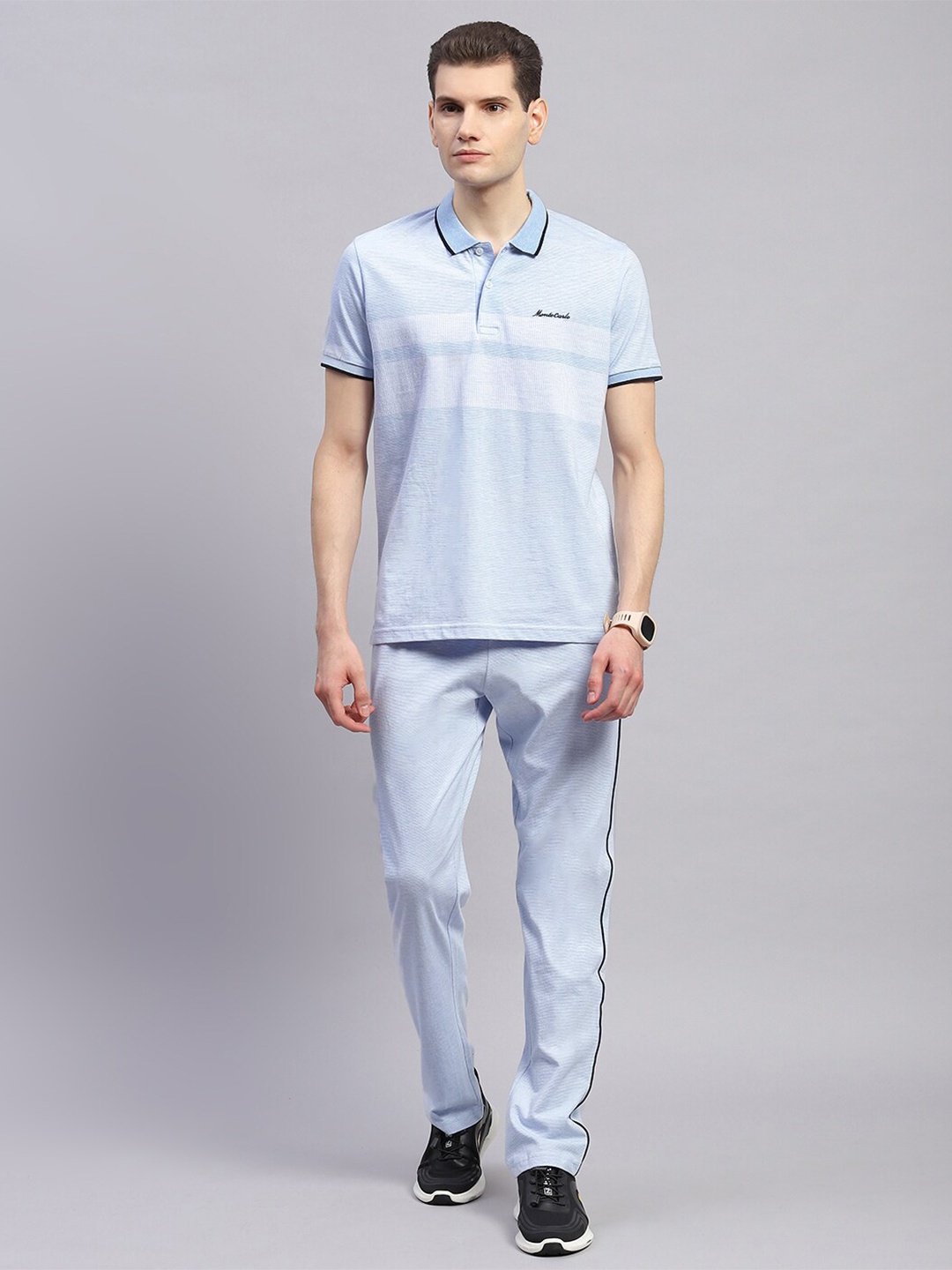 

Monte Carlo Striped Polo Collar Short Sleeves Casual T-shirt With Trousers, Blue