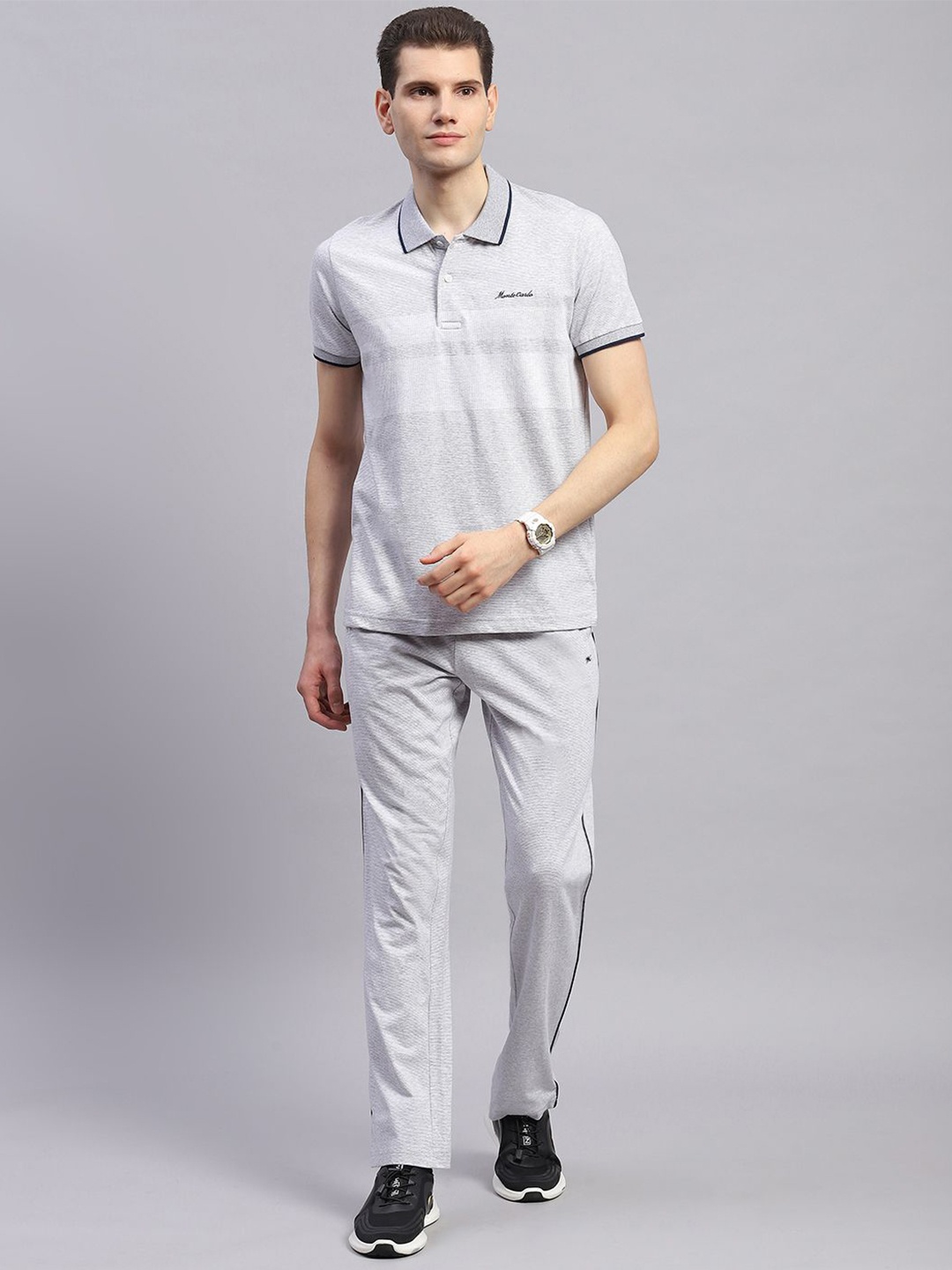 

Monte Carlo Striped Polo Collar Short Sleeves Casual T-shirt With Trousers, Grey