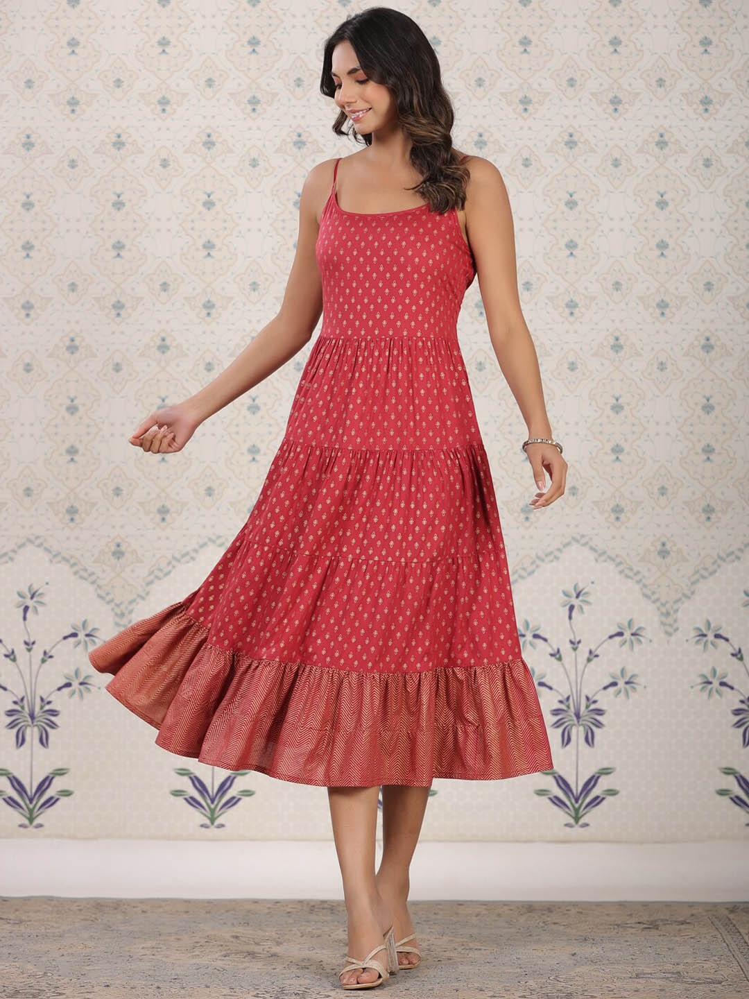 

Ode by House of Pataudi Floral Printed A-Line Midi Ethnic Dresses, Maroon