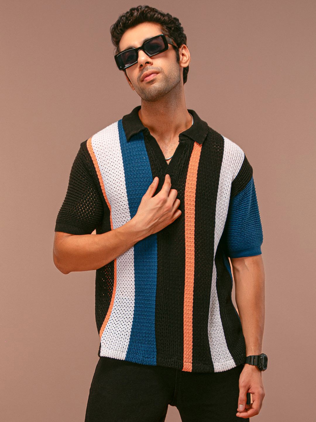 

Powerlook Men Striped Polo Collar T-shirt, Black