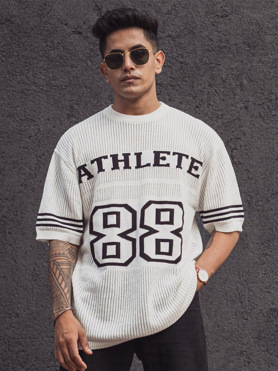 

Powerlook Men Varsity Round Neck Oversized T-shirt, White