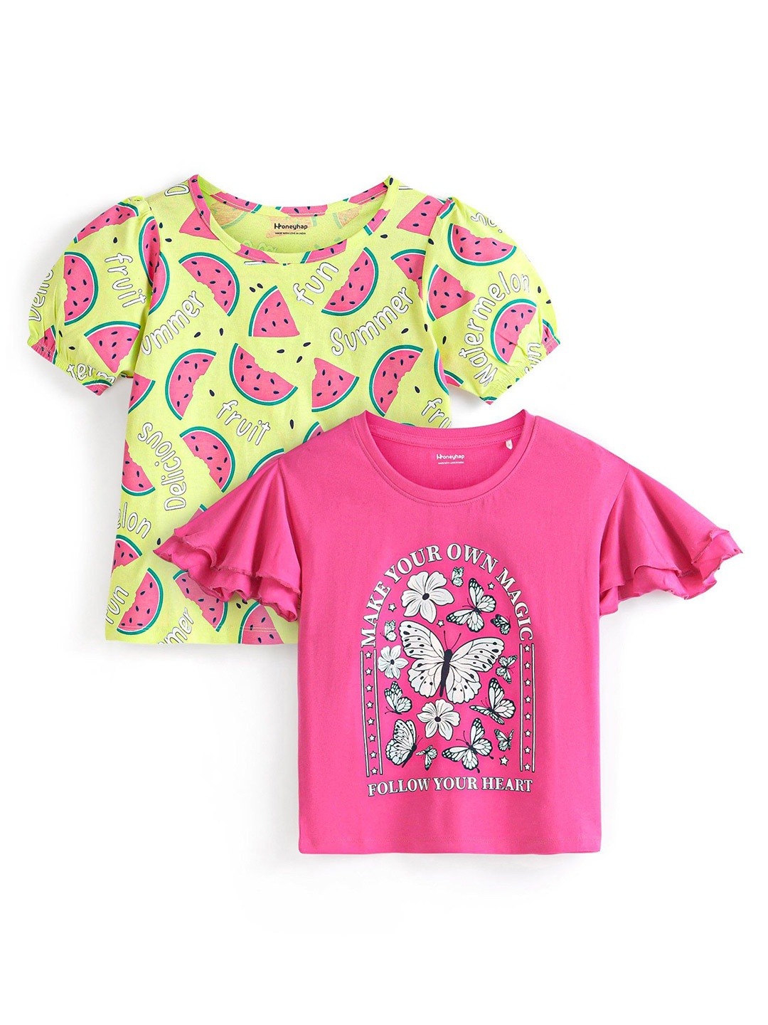 

Honeyhap Girls Pack Of 2 Bio Finish Printed Round Neck Pure Cotton T-shirt, Pink