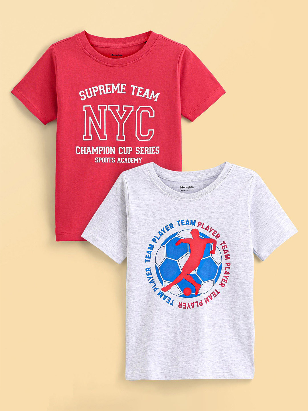 

Honeyhap Boys Pack Of 2 Bio Finish Typography Printed Round Neck Pure Cotton T-shirt, Red