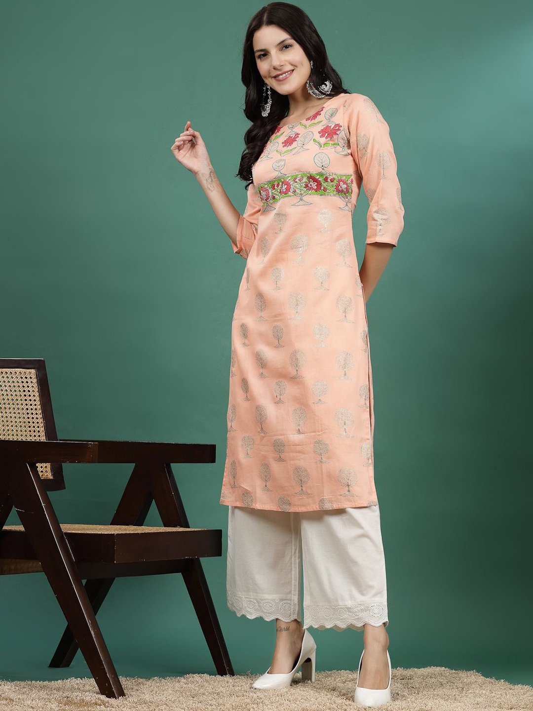 

Ramas Ethnic Motifs Printed Pure Cotton Straight Kurta, Peach