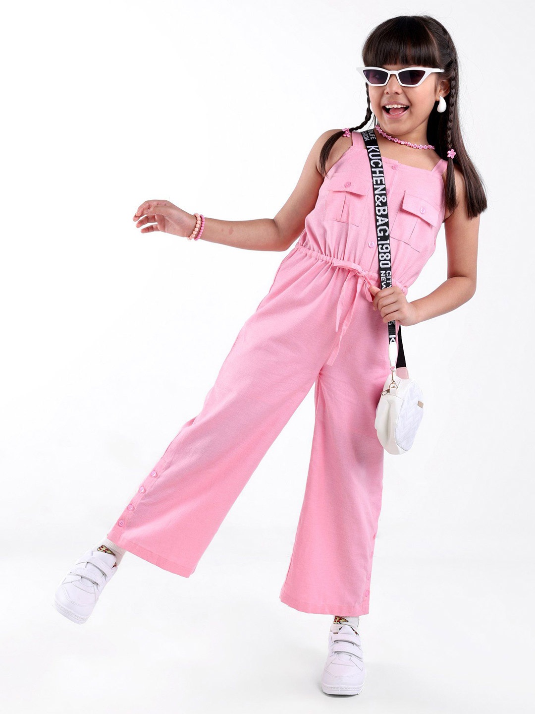 

ARIAS By LARA DUTTA Girls Cotton Shoulder Straps Jumpsuit, Pink