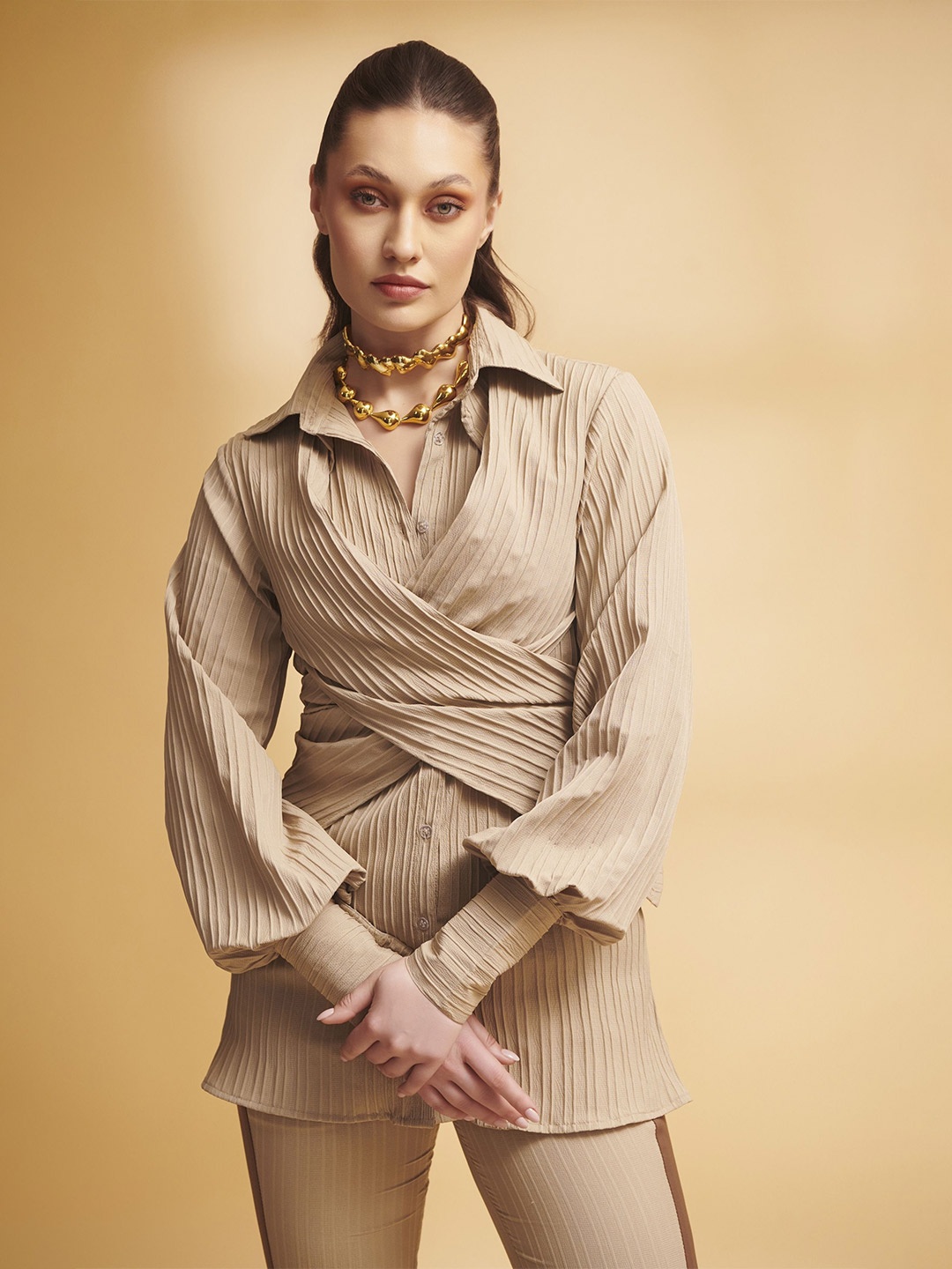 

TORQADORN Women Striped Spread Collar Casual Shirt, Beige