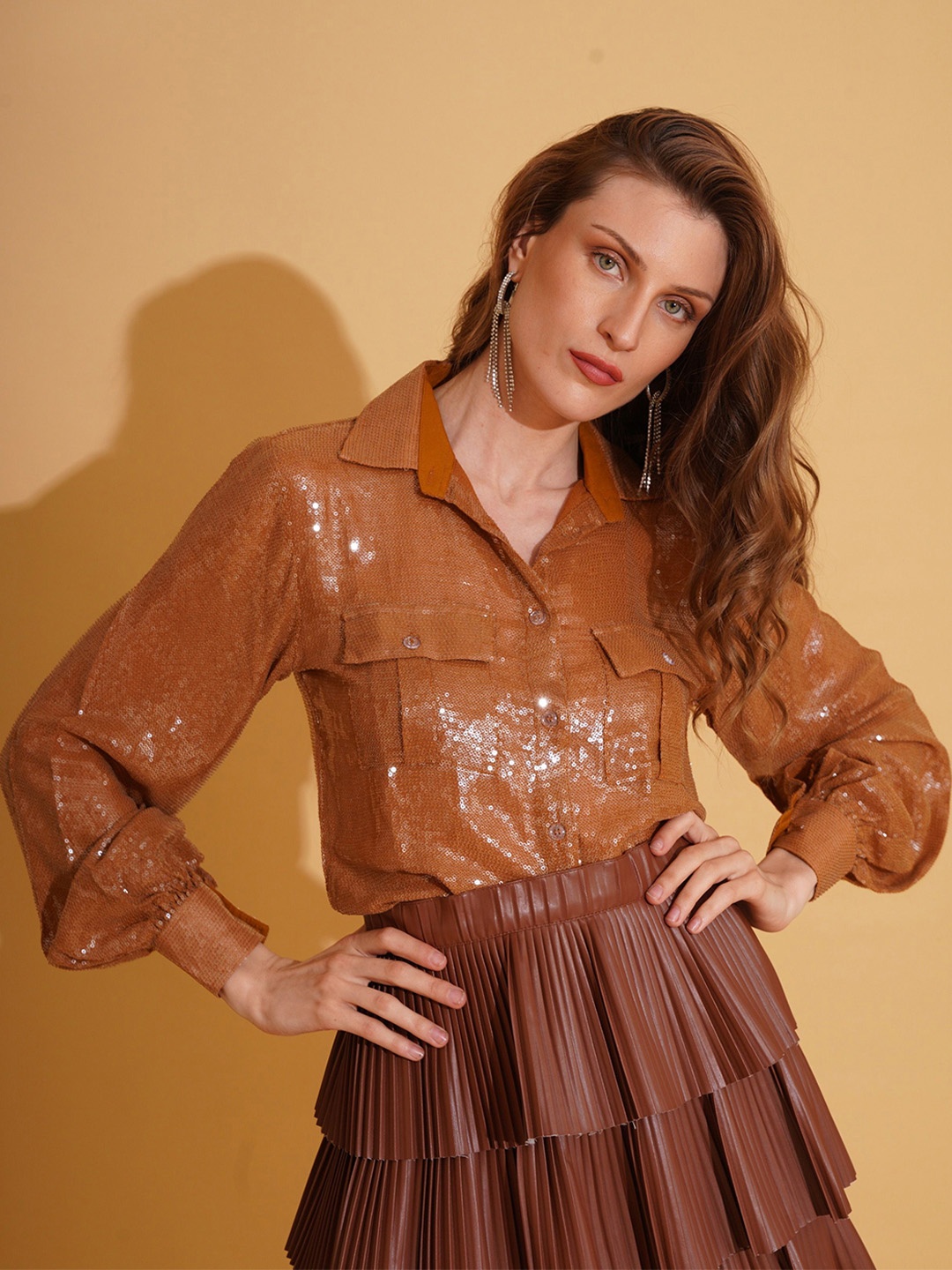 

TORQADORN Women Horizontal Stripes Semi Sheer Striped Party Shirt, Gold