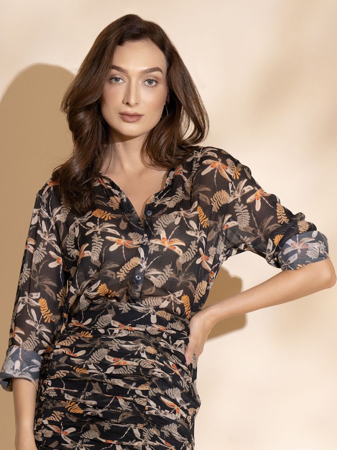 

TORQADORN Women Semi Sheer Printed Semiformal Shirt, Black